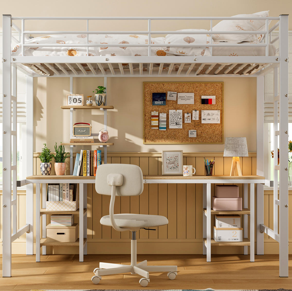ETAGENBETT 90/200 cm mit Schreibtisch, Regalen und Fallschutz aus Metall und MDF, Weiß - Weiß, Holzwerkstoff (90/200cm) - Redom