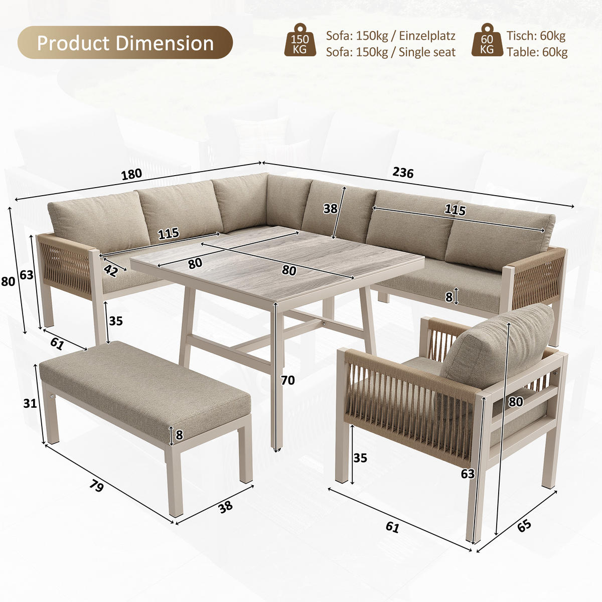 GARTENSET L-Form 8 Personen Beige Inkl. Tisch & 1 Sessel - Beige, Metall - FLIEKS