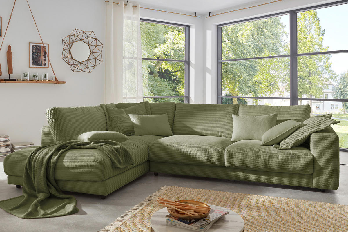 ECKSOFA MADELINE Grün Cord - Schwarz/Grün, Kunststoff/Textil (325/224cm) - KAWOLA
