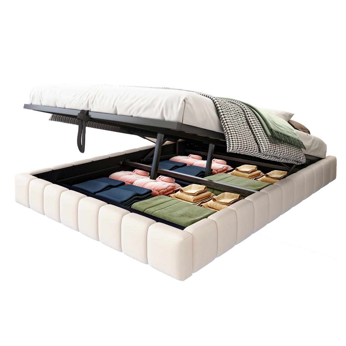 POLSTERBETT 140/200 cm Beige Hydraulischer Schwebebettrahmen mit Stauraum und LED-Beleuchtung - Beige, Textil (140/200cm) - OKWISH