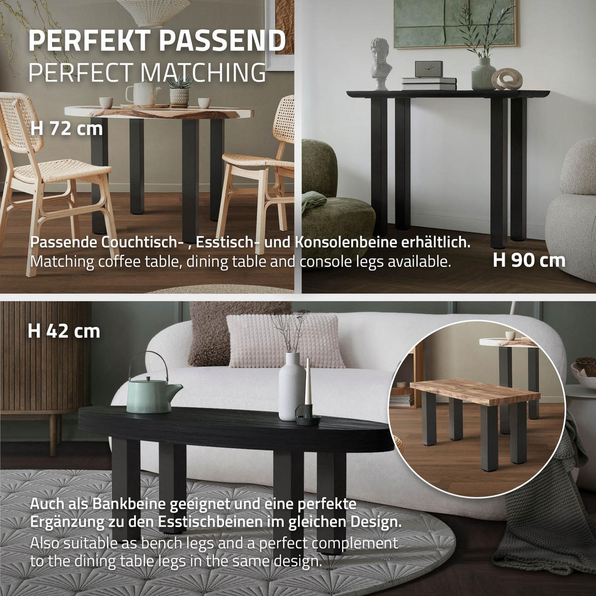 TISCHBEINE 4er Set I-Design H:30 cm Dunkelgrau 8x8 cm - Dunkelgrau, Metall (8/30/8cm) - ML-DESIGN