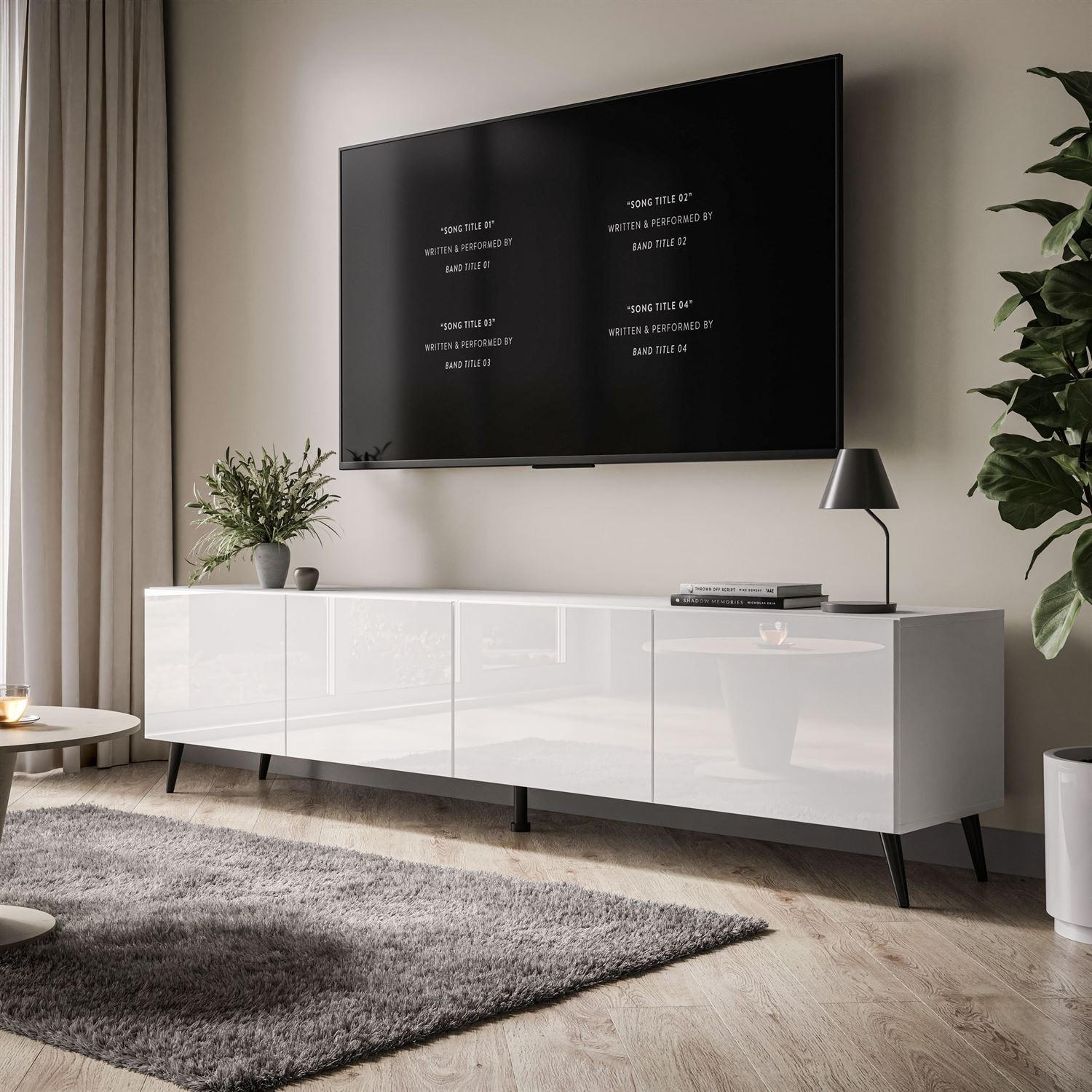 TV-ELEMENT AURA 200 Weiß Hochglanz – Beinfarbe: Schwarz - Weiß, Holzwerkstoff (200/49/40cm) - Lookway