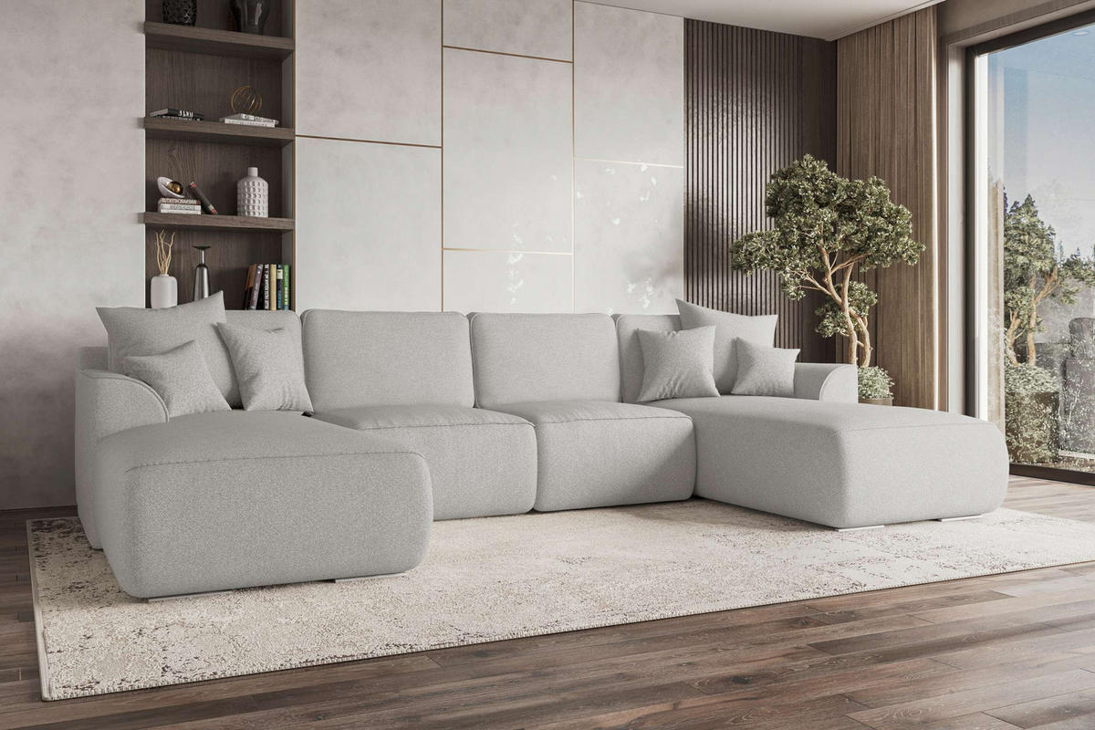 WOHNLANDSCHAFT GUSTO Strukturstoff Hellgrau inkl. Schlaffunktion - Chromfarben/Hellgrau, Kunststoff/Textil (306/96/194cm) - 99rooms