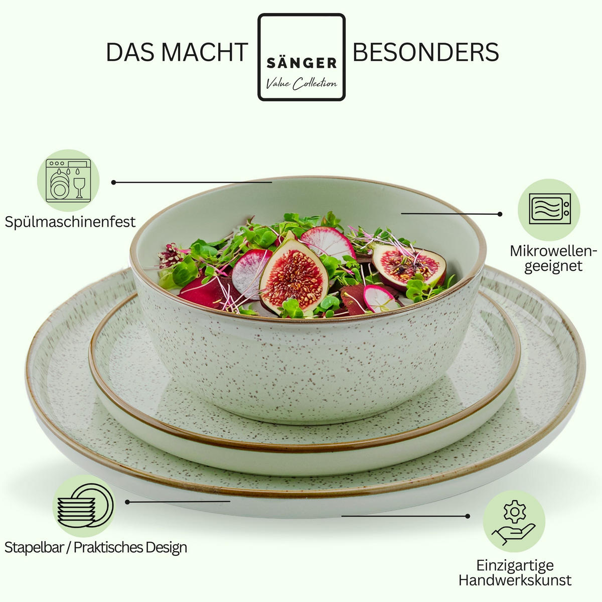 TAFELSERVICE RIO MINZE - 36 teilig aus Steingut 12 Personen - Mintgrün, Stein (50/30/80cm) - Sänger