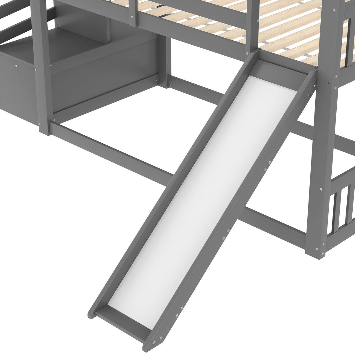 PATROVÁ postel 90/200 cm šedá s úložným prostorem a schůdky a skluzavkou - šedá, dřevo (90/200cm) - OKWISH