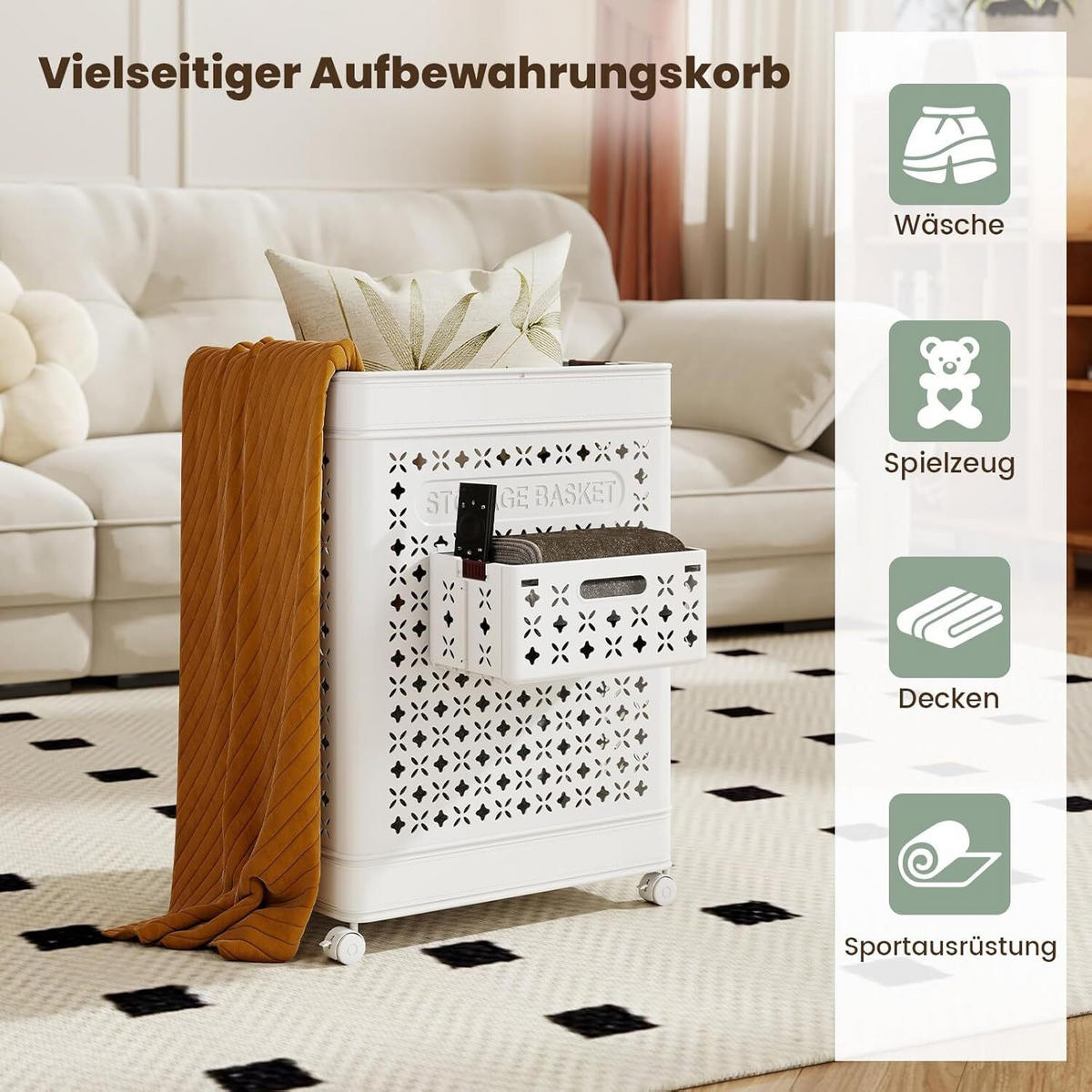WÄSCHEBEHÄLTER mit Rädern weiß - Weiß, Kunststoff (43.5/61/34cm) - COSTWAY