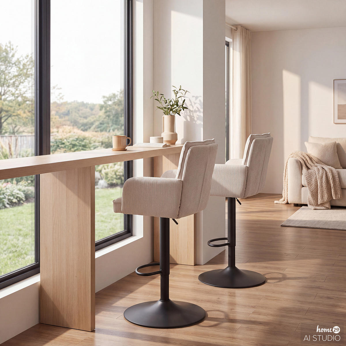 BARSTUHL - 2er-Set - Cord / Stahl - Creme, Textil/Metall (56/100/57cm) - home24