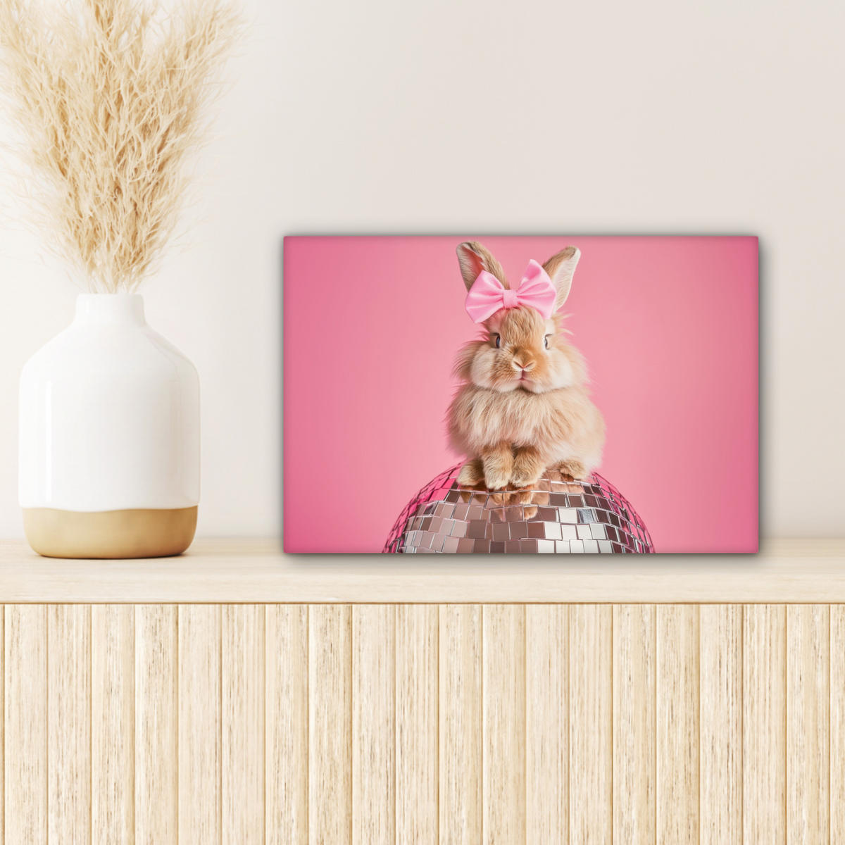 LEINWANDBILD Schleife - Discoball - Kaninchen Deko Schlafzimmer 30x20 cm - Pink, Textil (30/20cm) - MuchoWow