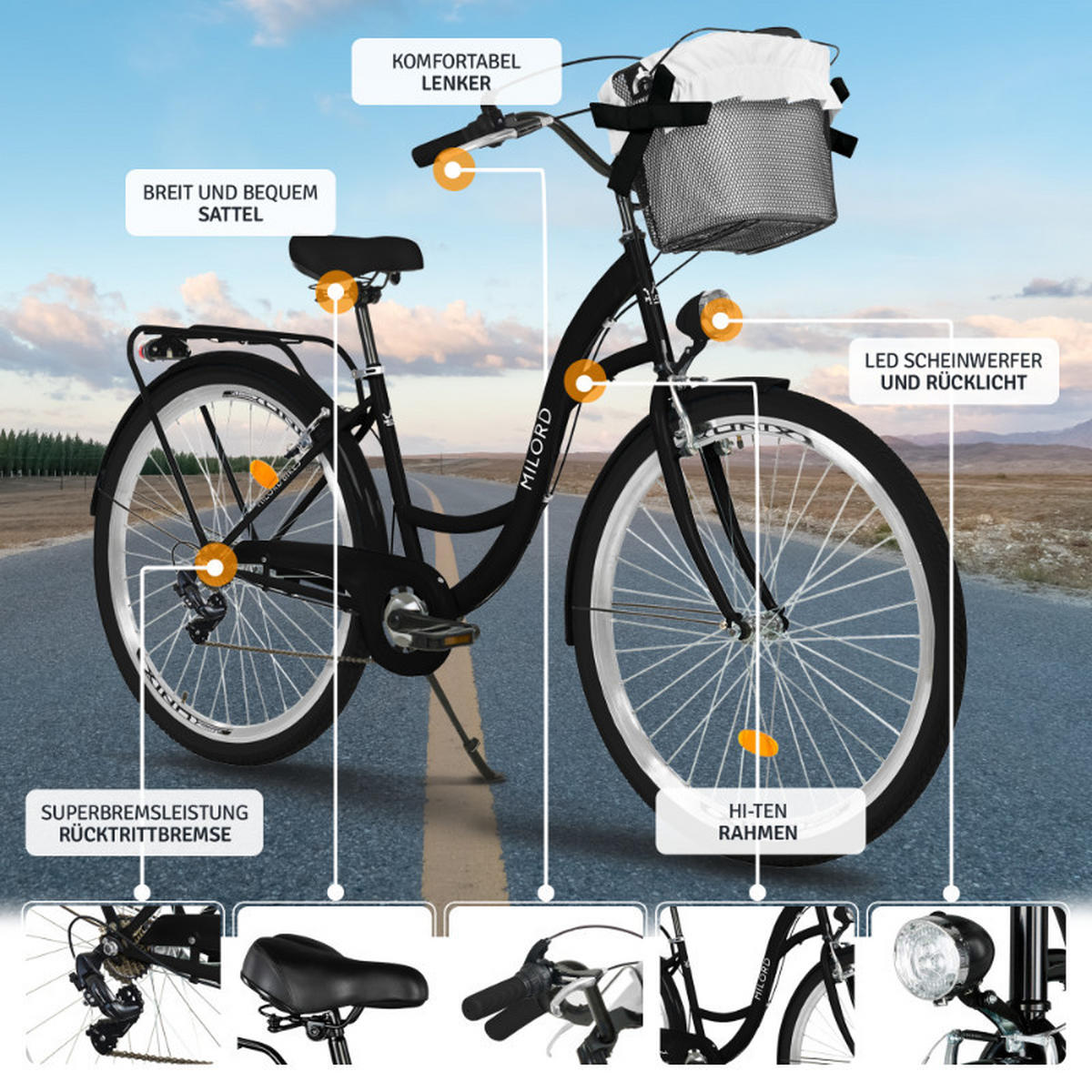CITY-FAHRRAD Milord mit Metallkorb, 28 Zoll, Schwarz, 7-Gang - Schwarz, Metall (46cm) - Milordbikes