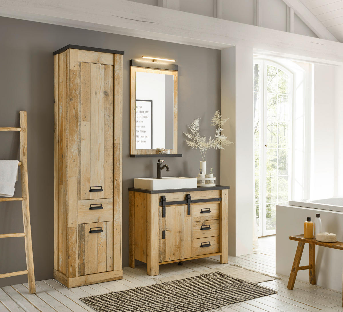 BADMÖBEL-SET 5-teilig, Used Wood hell, anthrazit, Badkombination mit Waschbecken LED Spiegellampe - Eichefarben/Anthrazit, Holzwerkstoff/Metall (166/210/43cm) - Furn.Design