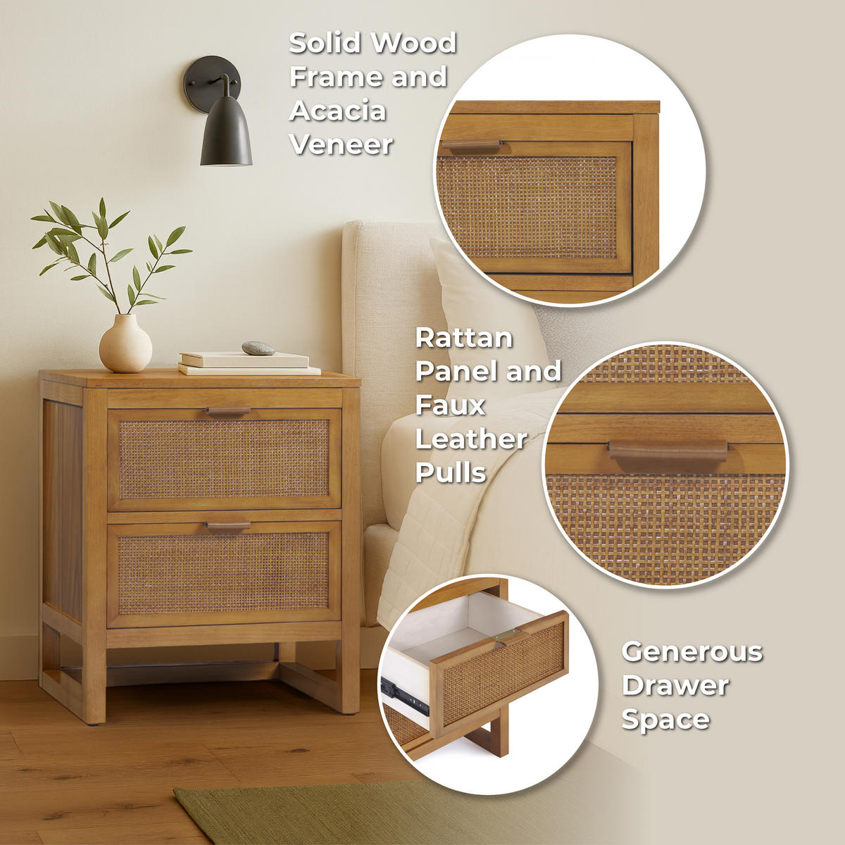 NACHTTISCH, tiefe Rattan Schubladen, 51cm, Braun - Braun, Holz (51/61/41cm) - Teamson Home