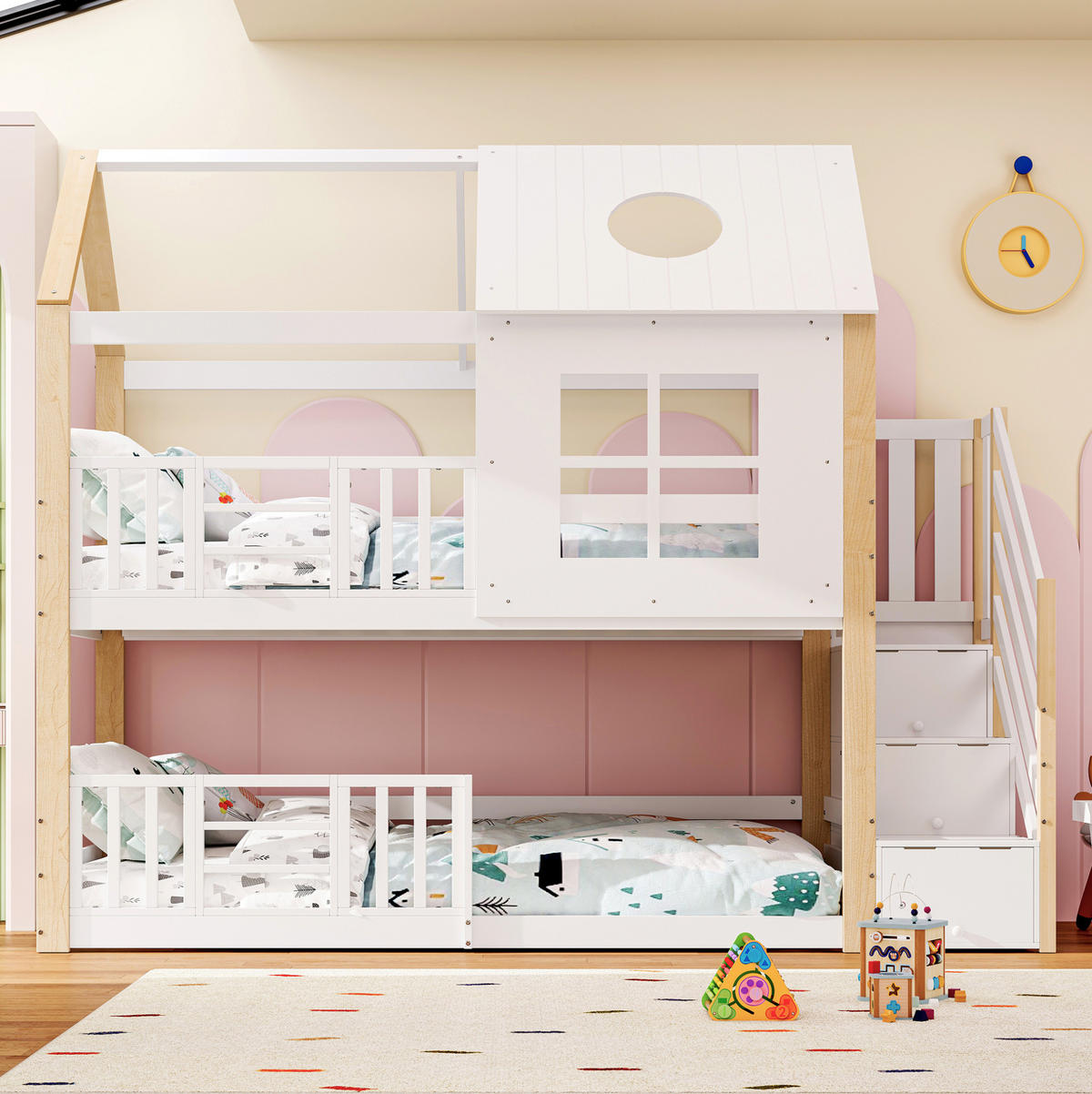 ETAGENBETT aus Kiefer und MDF 90x200 cm Weiß/Natur mit Aufbewahrungstreppe, Fallschutzgitter, Dach und Fenstern - Weiß, Holzwerkstoff (90/200cm) - Modfu