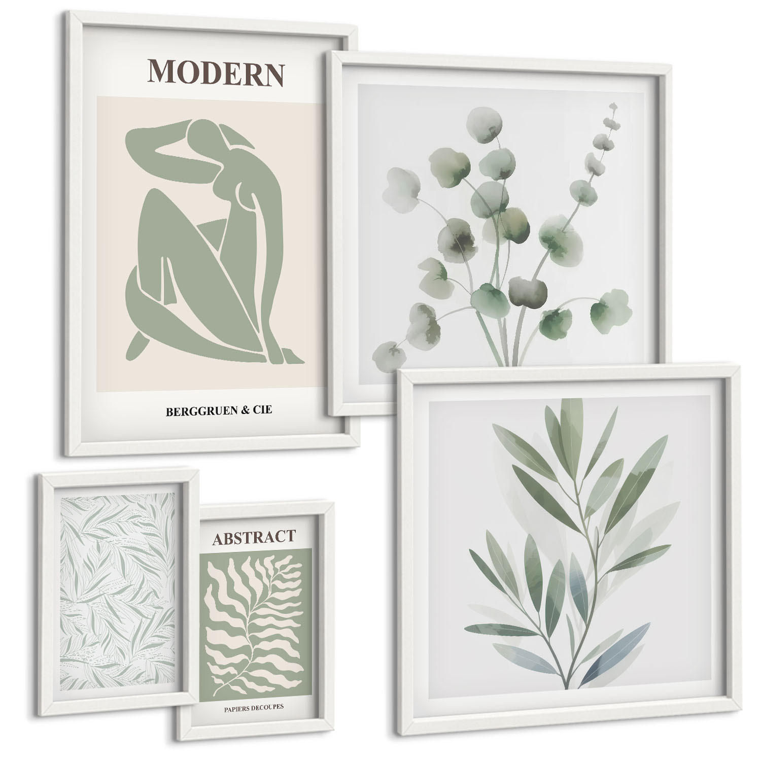 BILDER SET 5er Set - 50x50 cm & 20x30 cm & 40x60 cm Weißer Rahmen - Matisse entwirft Boho-Pflanzen - Weiß, Kunststoff (40/60cm) - TULUP