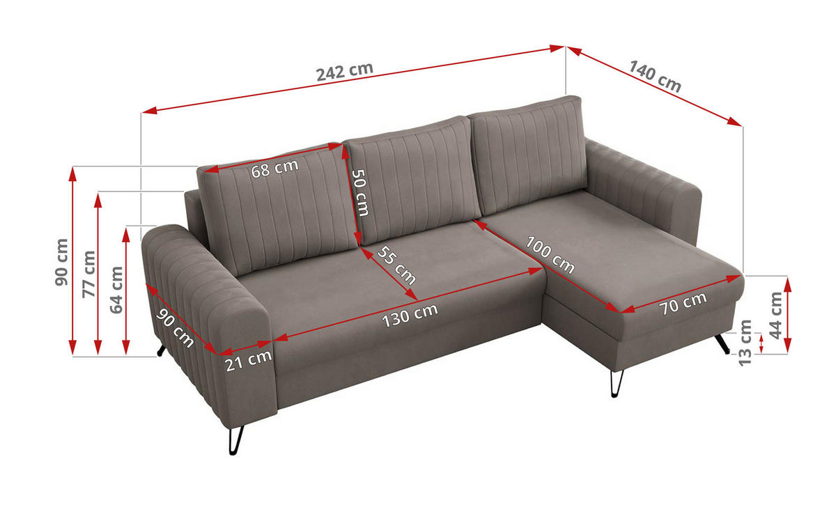 ECKSOFA Axel Samt Hellbraun - Hellbraun/Schwarz, Textil/Metall (242/140cm) - MKS