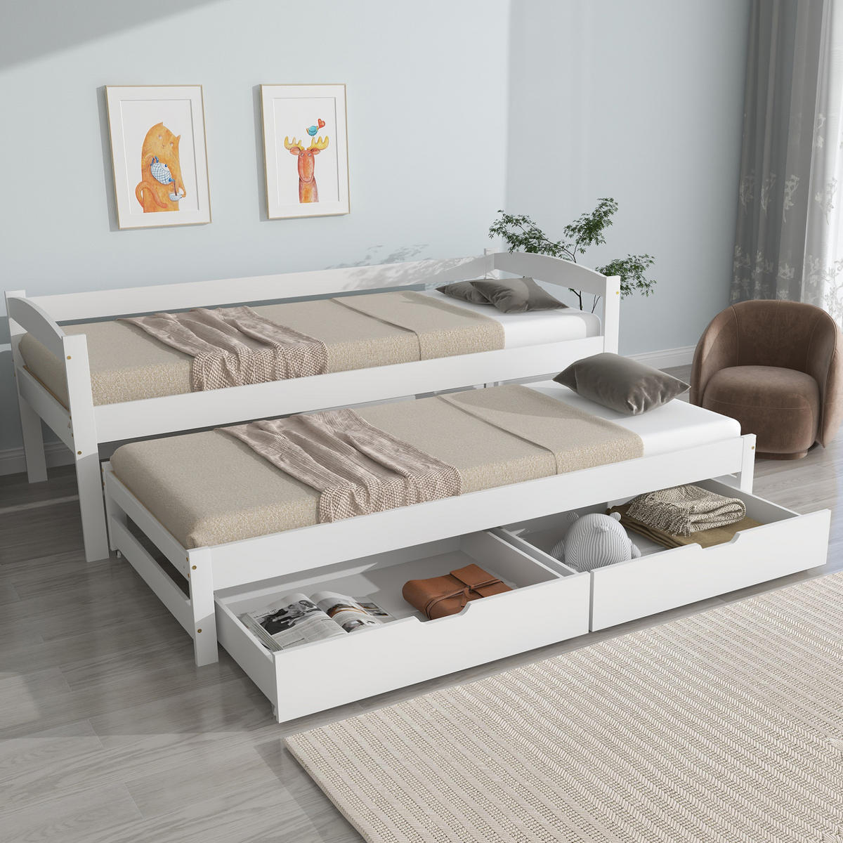TAGESBETT 200/90 cm mit Ausziehbett 190/90 cm, 2 Schubladen und Massivholzrahmen, Weiß - Weiß, Holzwerkstoff (90/200cm) - Redom