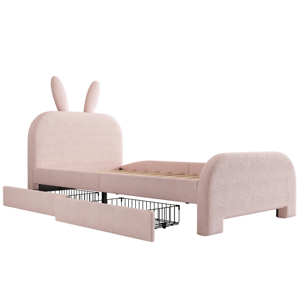 KINDERBETT Kindereinzelbetten 90/200 cm mit 2 Schubladen, gepolstertem Kaninchen-Kopfteil und MDF-Gestell, Rosa - Rosa, Textil (90/200cm) - Redom