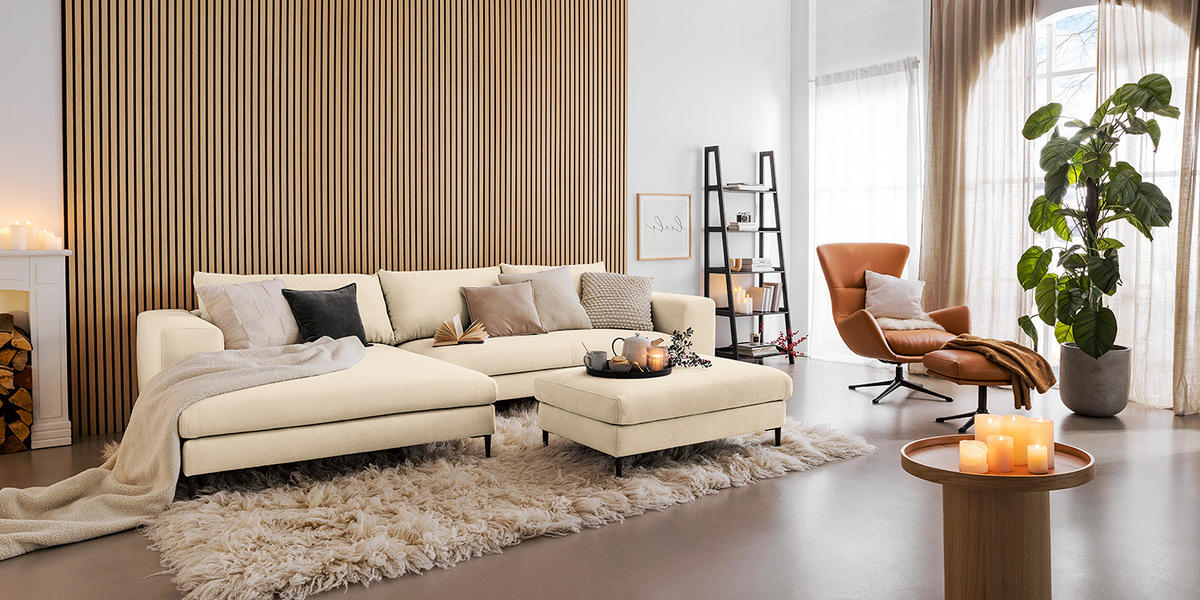 ECKSOFA mit Longchair - Beige/Schwarz, Textil/Metall (321/170cm) - home24