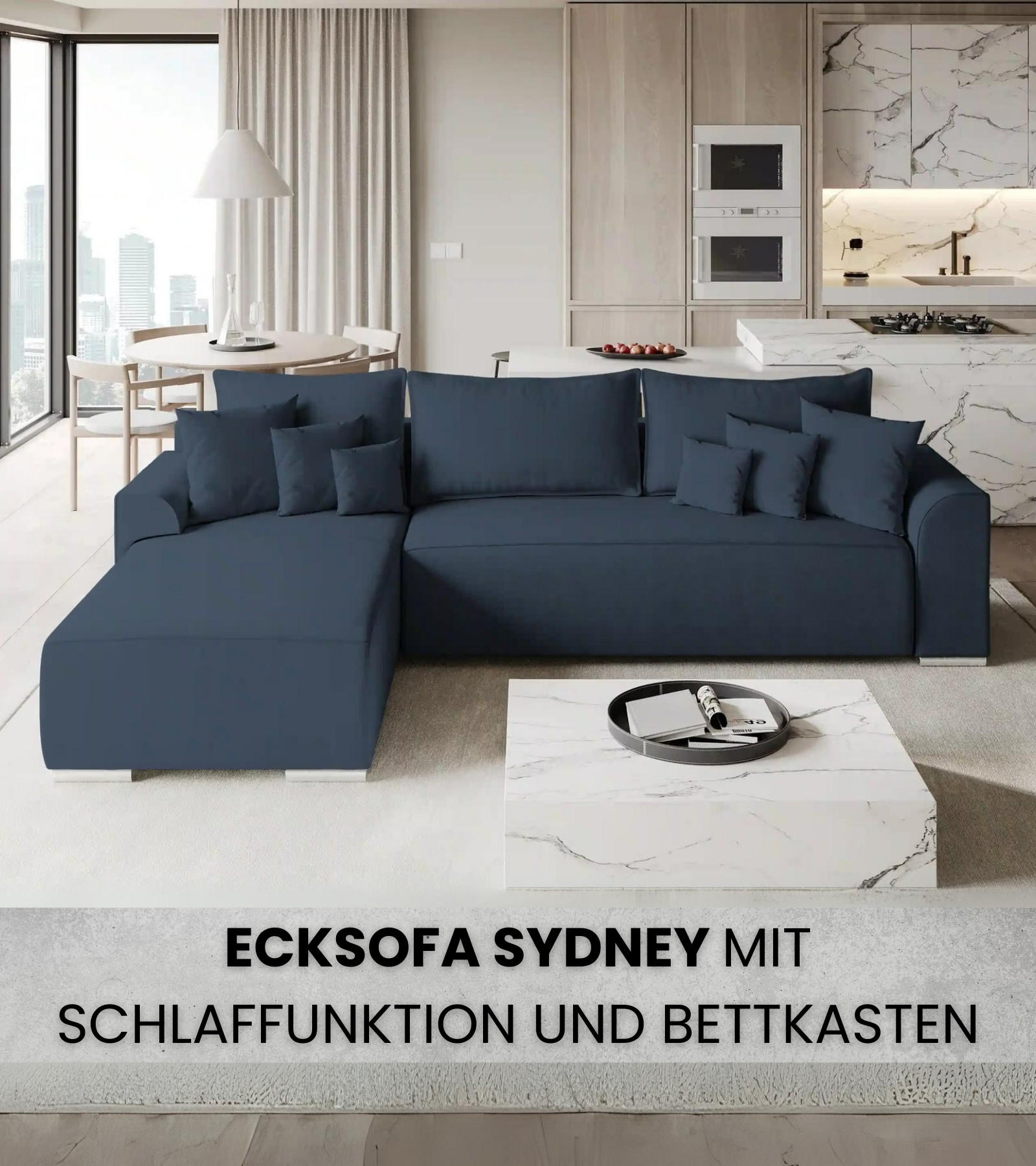 ECKSOFA Sydney mit Schlaffunktion Blau Leinenoptik - Blau, Textil (280/184cm) - Bromarkt