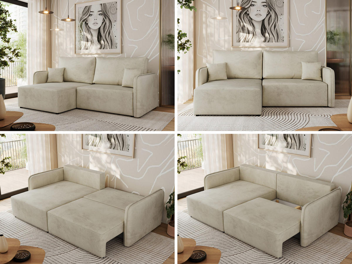 ECKSCHLAFSOFA MESTO L Beige Velvet - links - Beige/Schwarz, Kunststoff/Textil (227/147cm) - MKS