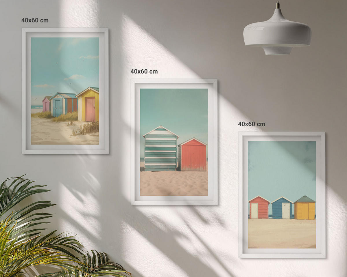 WANDBILDER 3er-Set - 40x60 cm Weißer Rahmen - Bunte Häuser, Strand, Sonne - Weiß, Kunststoff (40/60cm) - ArtPrintCave
