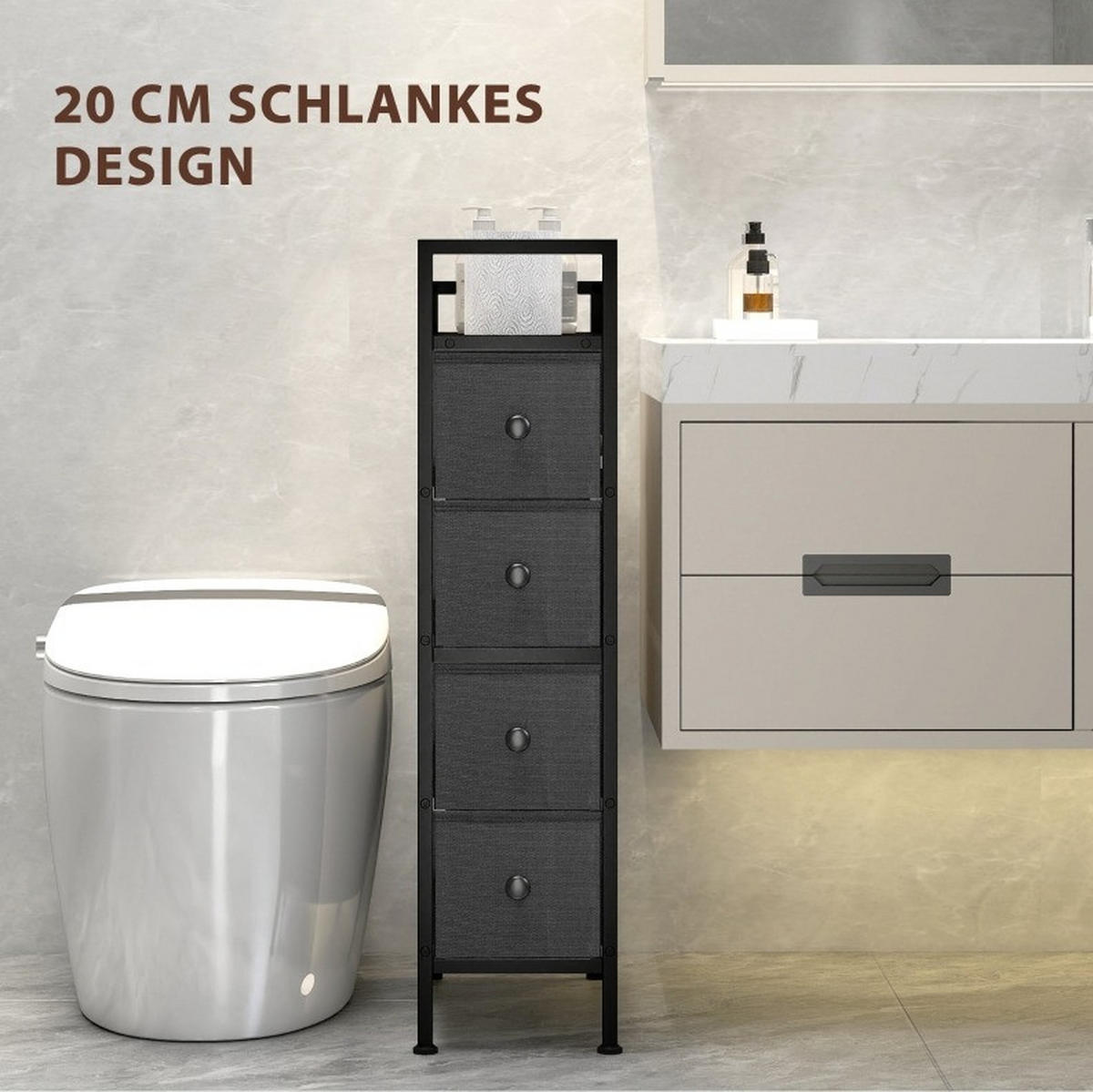 SCHMALE Kommode aus Holz 43x20x81 cm Schwarz mit 4 Stoffschubladen - Schwarz, Holzwerkstoff (20/81.5/43cm) - IVMEU