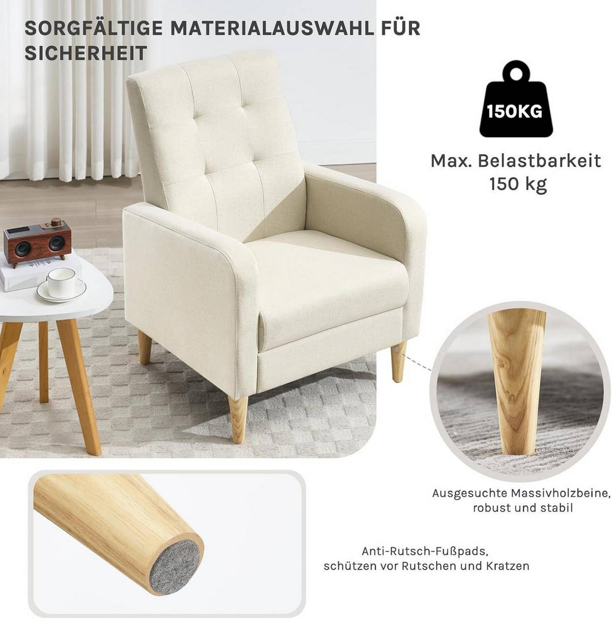 RELAXSESSEL mit Massivholzbeinen, Leinen, Beige - Beige, Holz/Holzwerkstoff (68/90.5/76cm) - Woltu