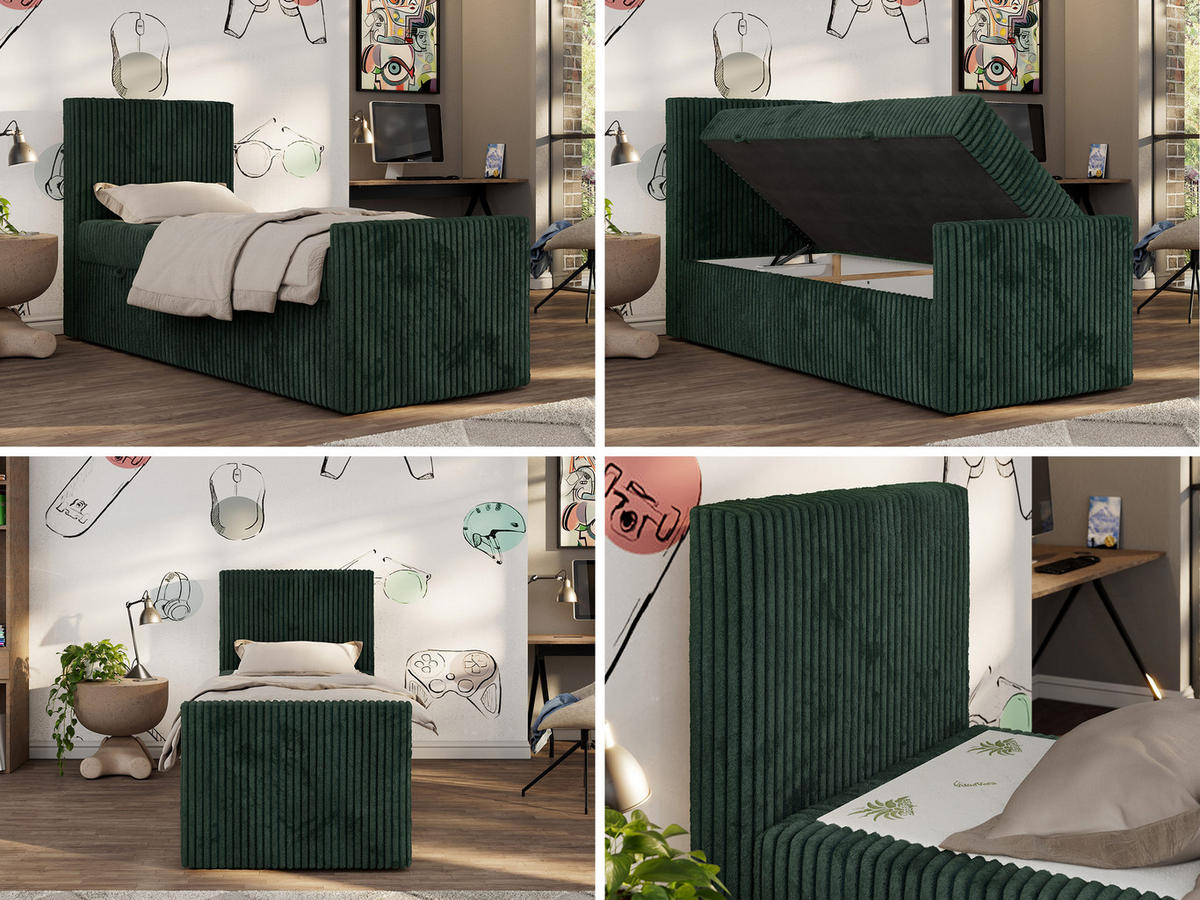 JUGENDBETT TILIO DUO 90/200 - Dunkelgrün Cord - H4 - Links Seite - Dunkelgrün, Textil (90/200cm) - MKS