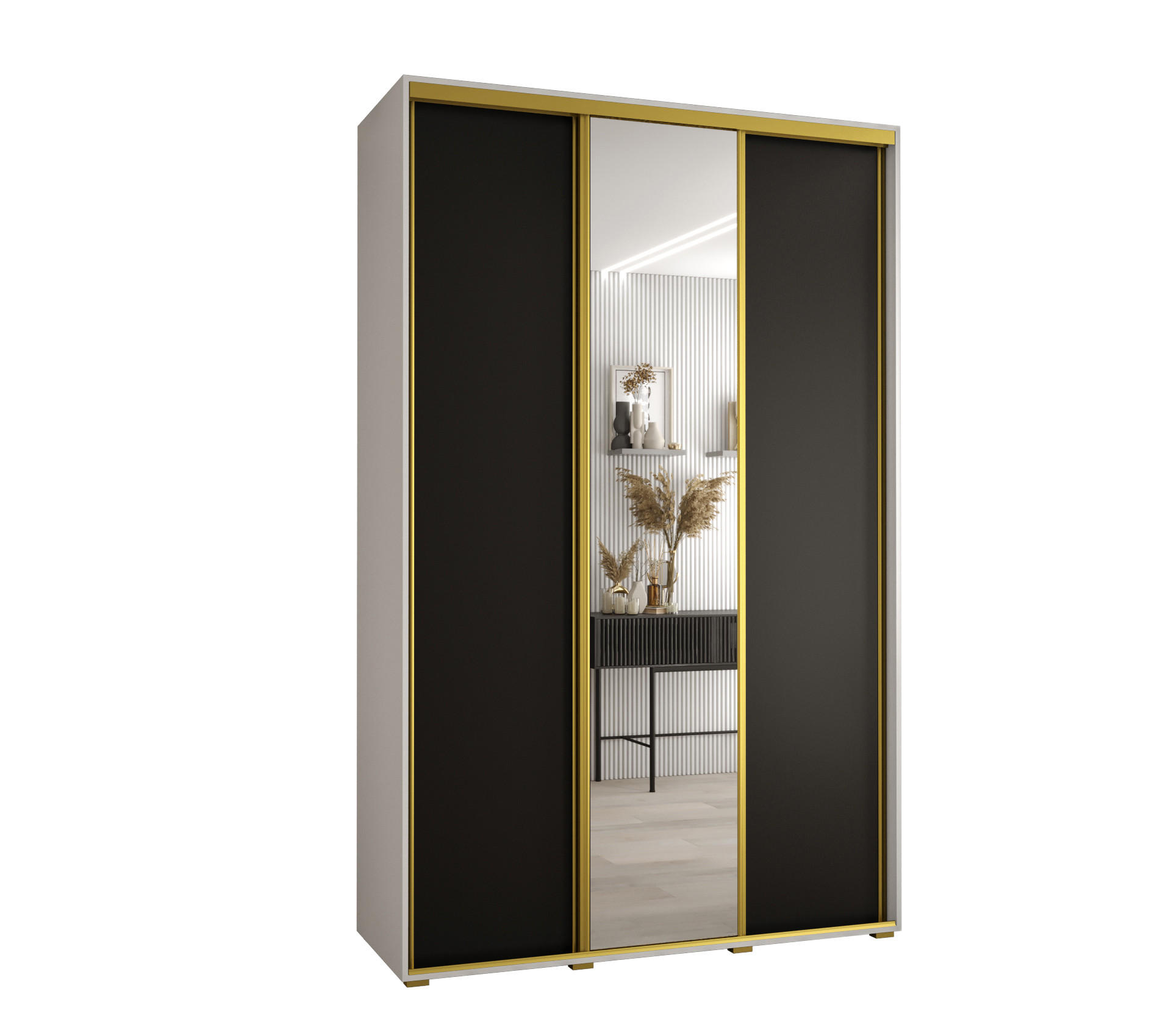 SCHWEBETÜRENSCHRANK 235,2/150/45 3-türig - Goldfarben/Schwarz, Holz/Metall (150/235/45cm) - Abiks Möbel