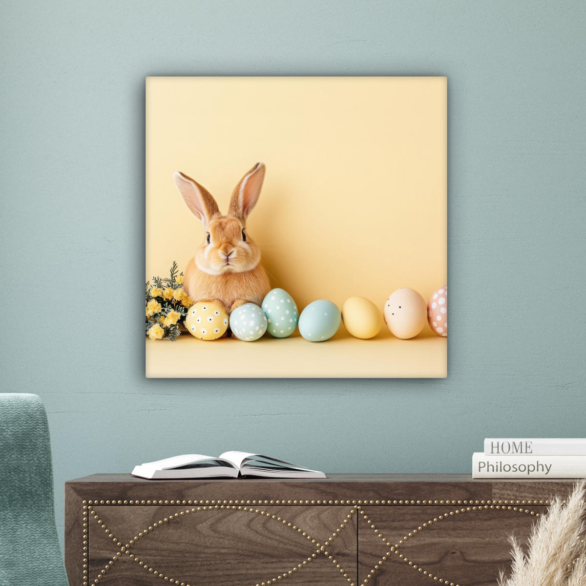 LEINWANDBILD Eier - Kaninchen - Pastellfarbtöne Wandbild Wohnzimmer 50x50 cm - Hellgelb, Textil (50/50cm) - MuchoWow
