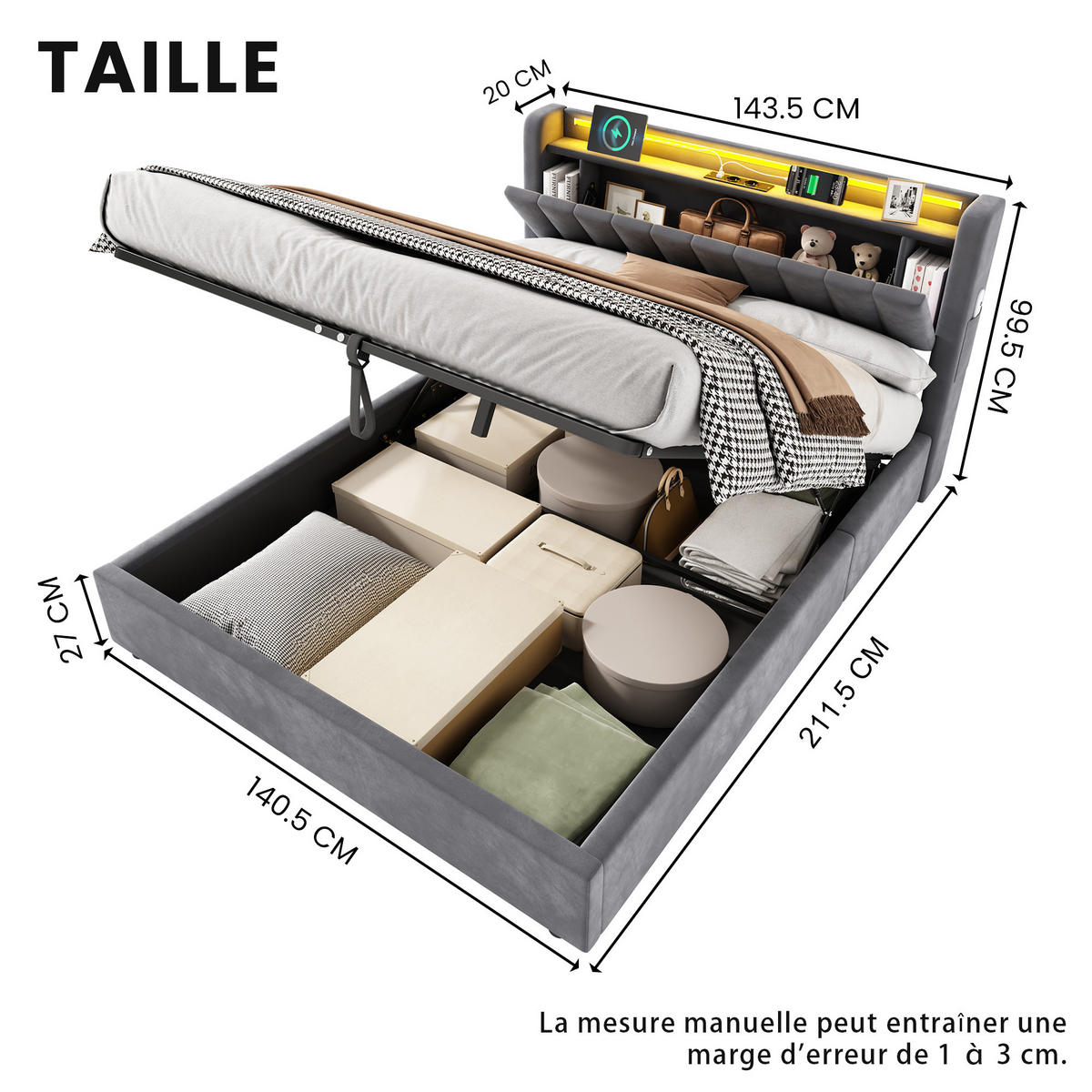 ČALÚNENÁ posteľ 140/190cm tmavosivá zo zamatu, kovu a dreva s LED svetlom, USB konektorom a úložným priestorom - sivá, textil (140/190cm) - Modfu