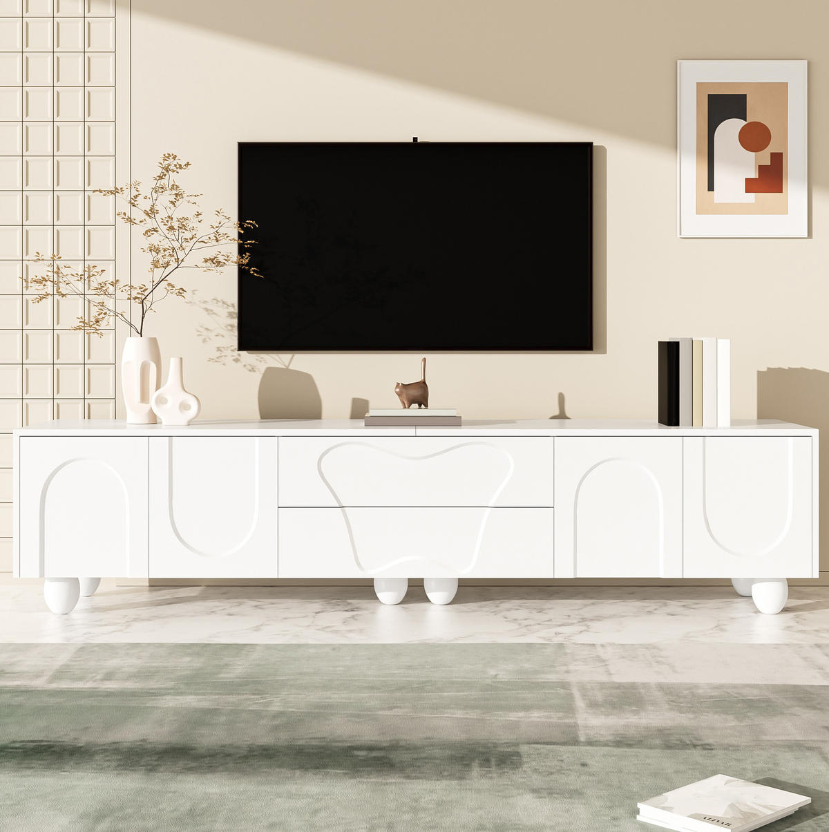 TV-LOWBOARD 180/40/42 cm in Weiß mit Schubladen und Massivholzbeinen - Weiß, Holzwerkstoff (180/42/40cm) - BEAOK