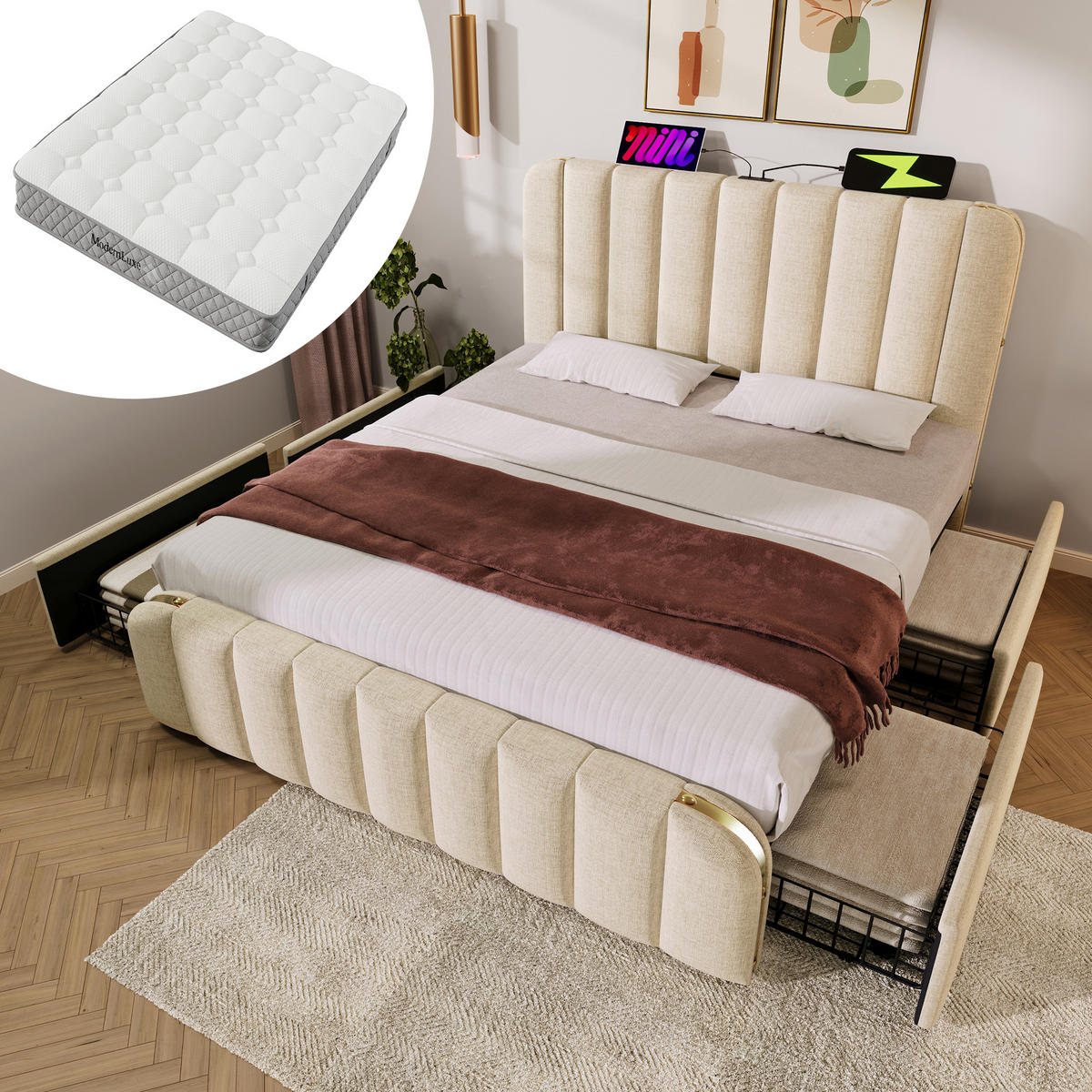 STAURAUMBETT 140/200 cm DE-01115, in Beige,4 Schubladen und Matratze - Beige, Metall (140/200cm) - ComfortXL