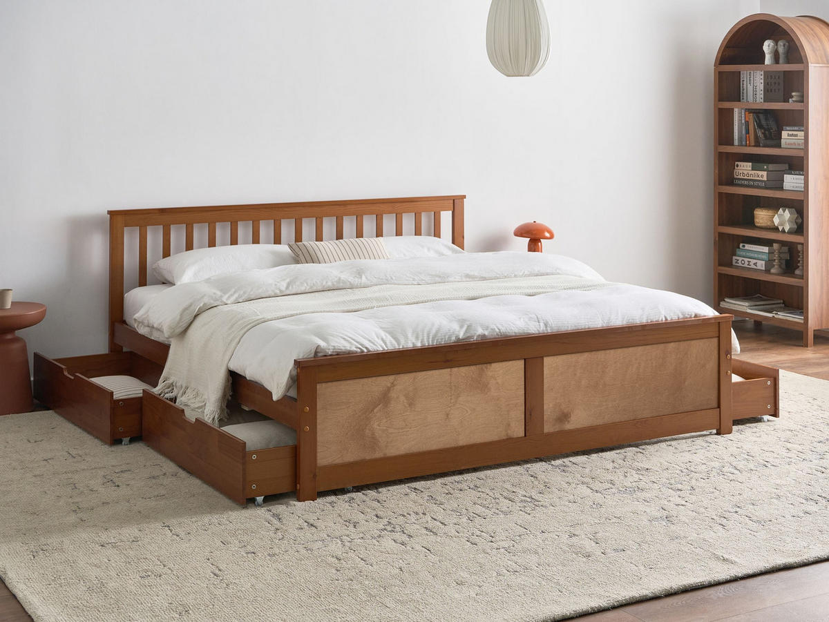 POSTEL s 4 zásuvkami 180/200 cm Borovicové dřevo Hnědá Olendon - hnědá, dřevo (180/200cm) - Beliani