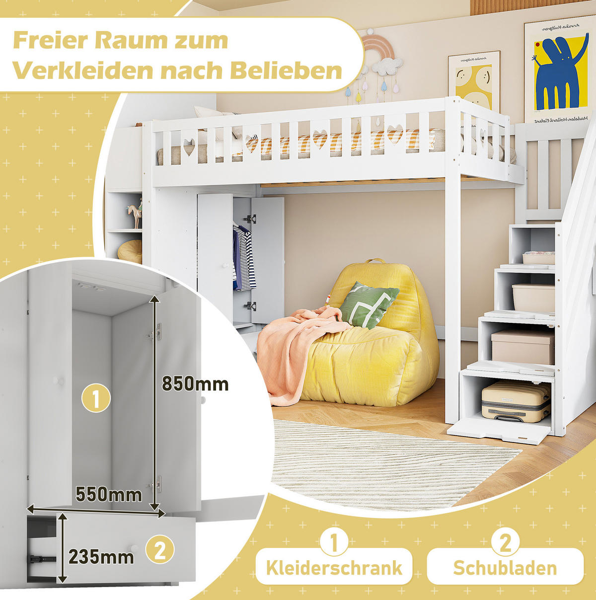 HOCHBETT 90/200 cm aus Kiefernholz und MDF mit Stauraumleiter Weiß - Weiß, Holzwerkstoff (90/200cm) - Modenvie