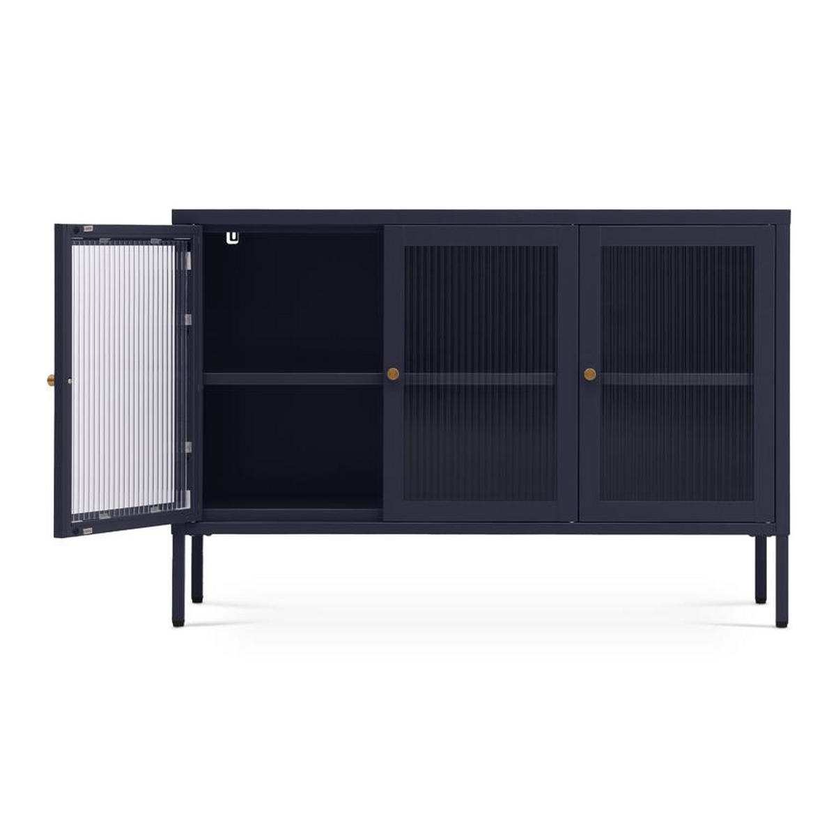 TV-LOWBOARD Industrielles aus nachtblauem Metall, 105 cm, 3 Türen aus gehärtetem Glas - CALEB - Blau, Metall (105/70/35cm) - Sicaan