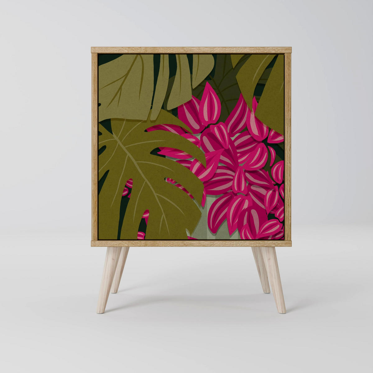 SIDEBOARD TROPICAL BEAUTY, Grau, 57,5x42x70,5 cm, Schwarze Metall-Sternfüße - Multicolor/Schwarz, Holzwerkstoff/Metall (57.5/70.5/42cm) - SpaceRebels