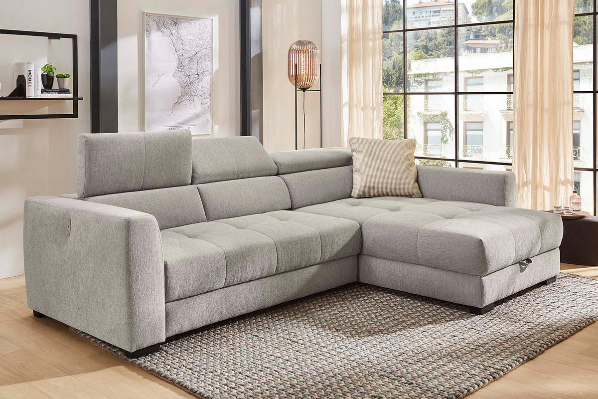 ECKSOFA mit elektrischer Sitztiefenverstellung, Kopflehnen verstellbar, USB-Ladefunktion, Bettkasten B300/T196/H103 cm, Chenille Grau / 15408 - Schwarz/Grau, Kunststoff/Textil (300/196cm) - luma-home