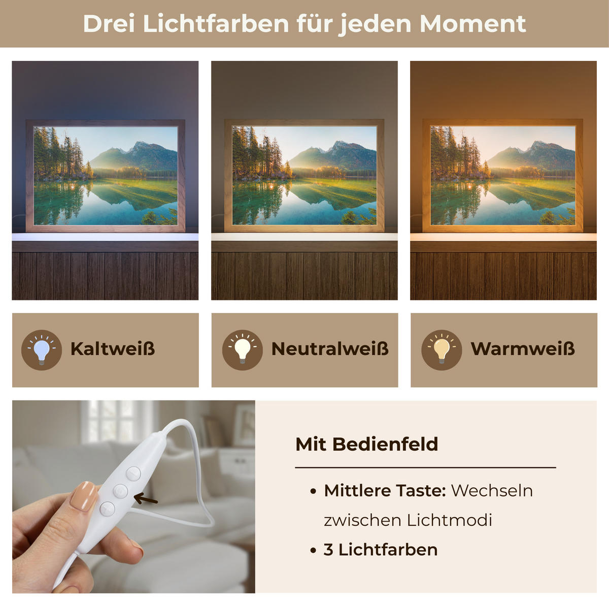 TISCHLEUCHTE See - Wald - Berge - Natur - Sonne - Landschaft 30x20 cm - Currygelb, Holzwerkstoff (8/30/20cm) - OnlyWow