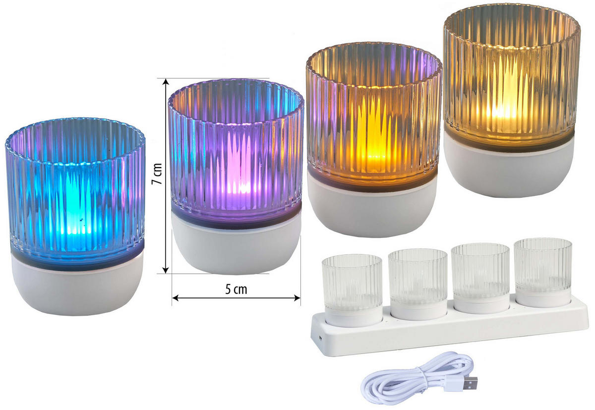 LED-AKKU-LOUNGE-LIGHTS - kabellos mit Touchsensor für Innen und Außen, RGBW Flackereffekt, 4er-Set - Weiß, Kunststoff (5/5/7cm) - Northpoint