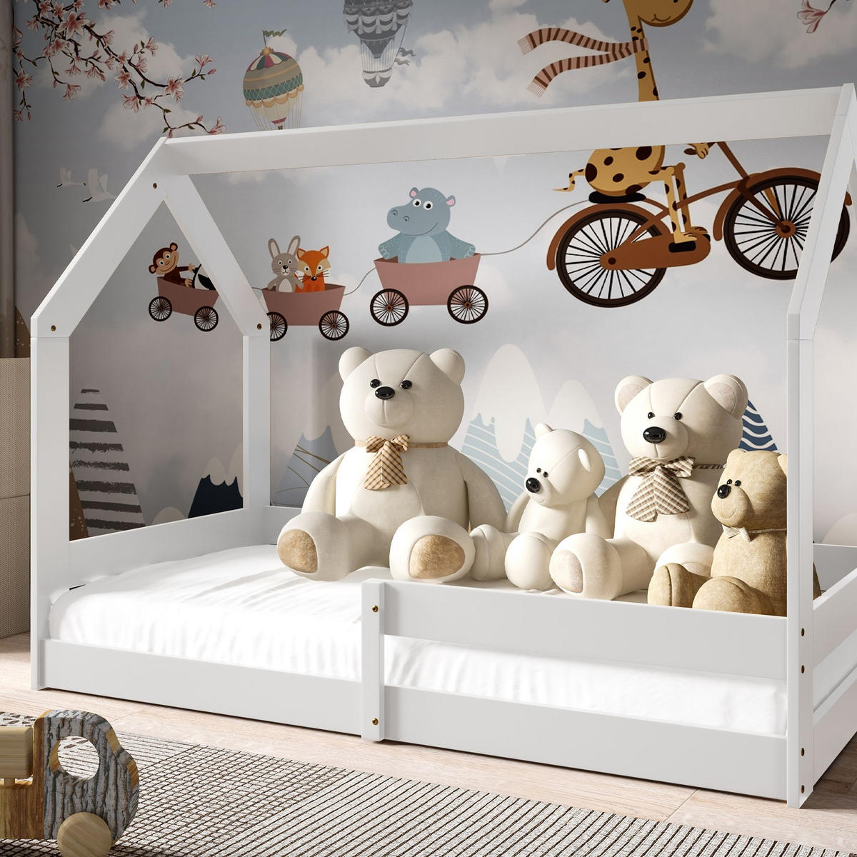 KINDERBETT Bodenbett LUMBE, Hausform - Weiß, Holz (80/160cm) - KONSIMO®