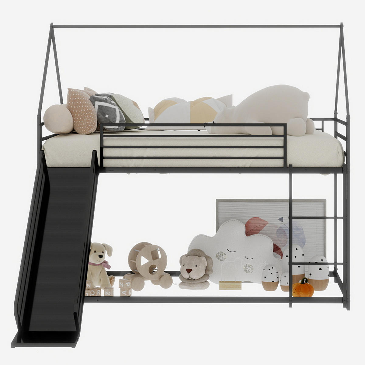 ETAGENBETT 180/200 cm schwarz aus Eisen mit Rutsche und Spielhausdesign - Schwarz, Metall (180/200cm) - OKWISH