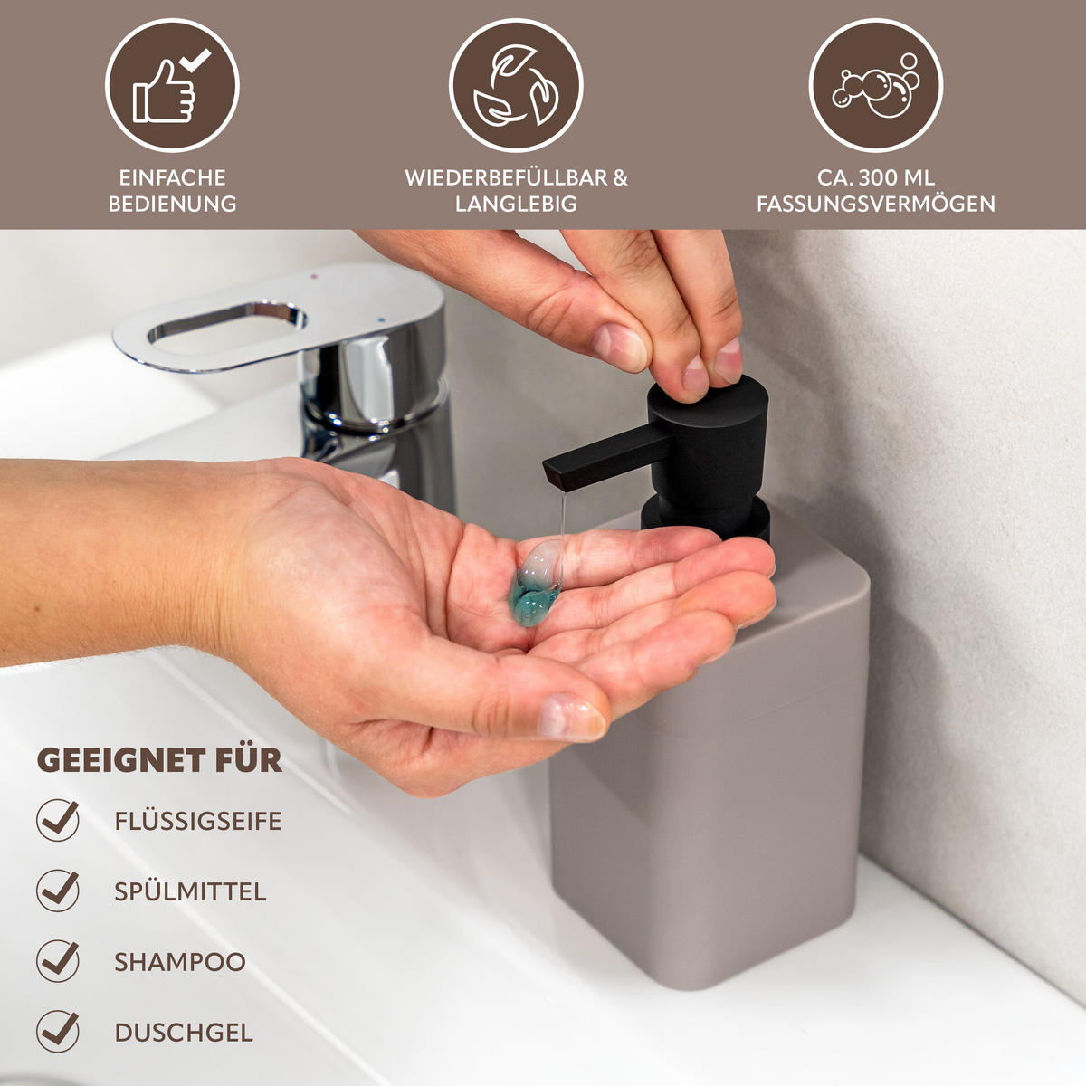 BADEZIMMER-SET SAVONA, Soft-Touch, taupe, eckig - Taupe, Kunststoff (7/16/9cm) - bremermann