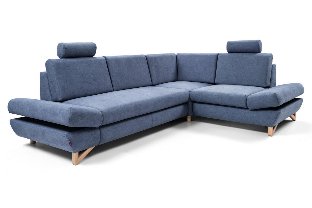ECKSOFA CASA II R-S Blau Plüsch-Stoff mit Schlaffunktion - Blau, Holz (272/199cm) - MASSENO