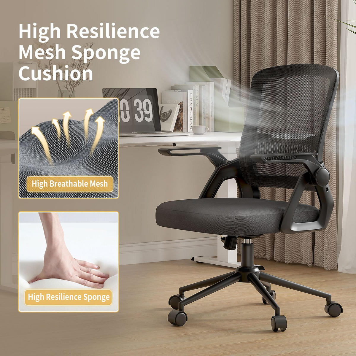 COMPUTERSTUHL drehbar, klappbare Armlehnen, Lendenstütze – Schwarz - Schwarz, Metall (60/100/60cm) - Rattantree