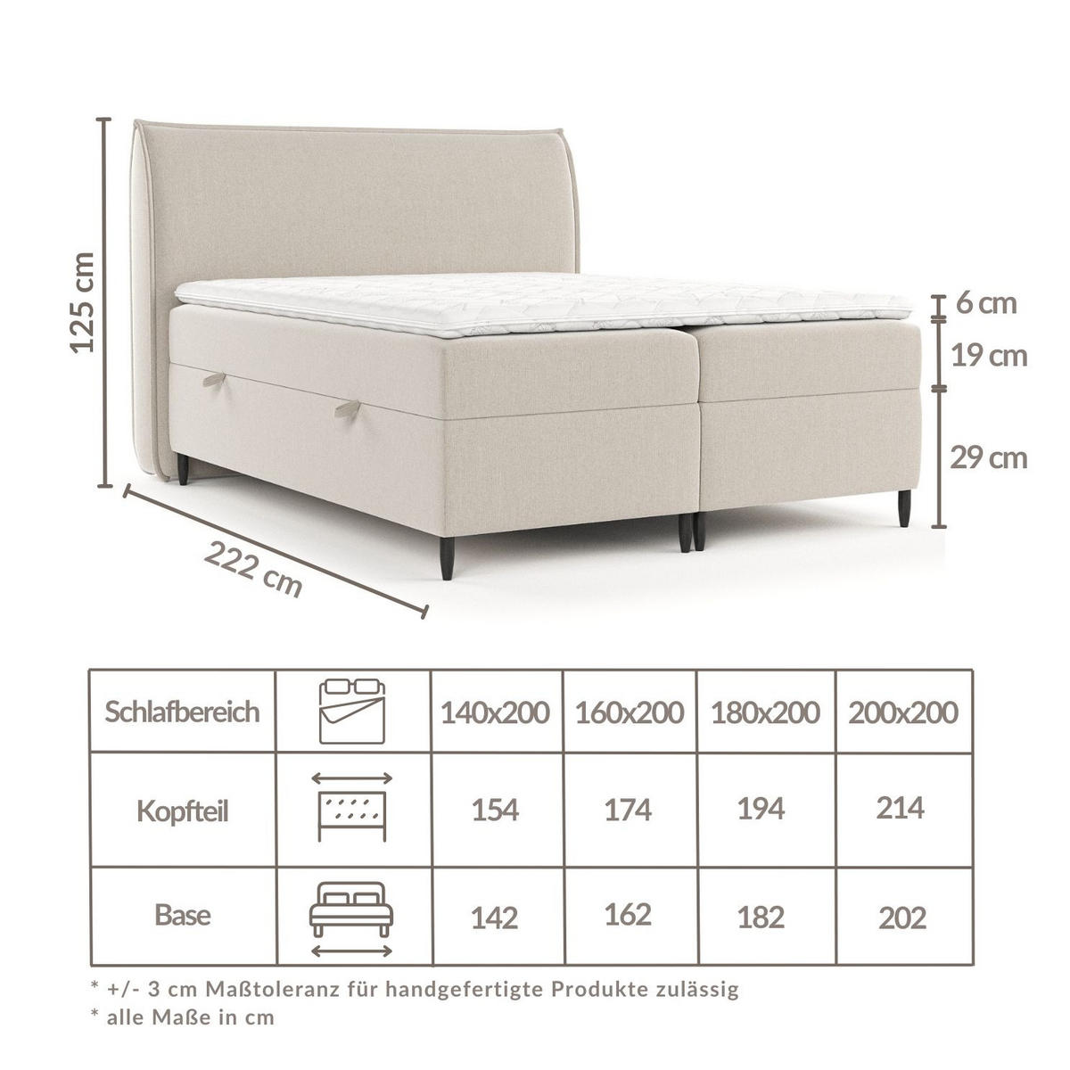 BOXBETT Corvus Hellbraun 140/200 cm mit Taschenmatratze und Topper - Hellbraun/Schwarz, Holz/Holzwerkstoff (140/200cm) - Maison de Reve