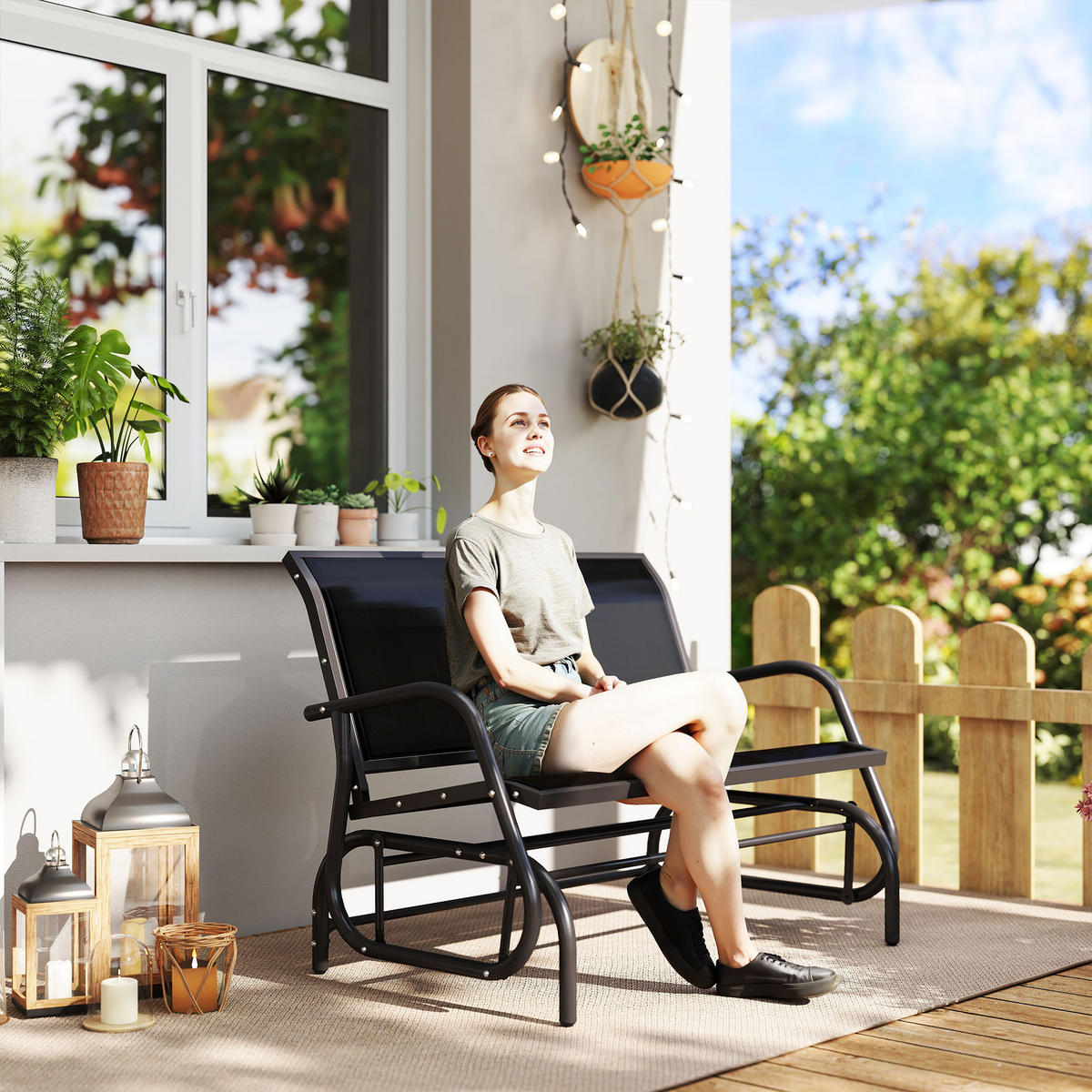 SCHAUKELSTUHL 2-Sitzer Gartenbank Sitzbank Parkbank Metall Schwarz 120x70x88cm - Schwarz, Metall (70/85/120cm) - Outsunny