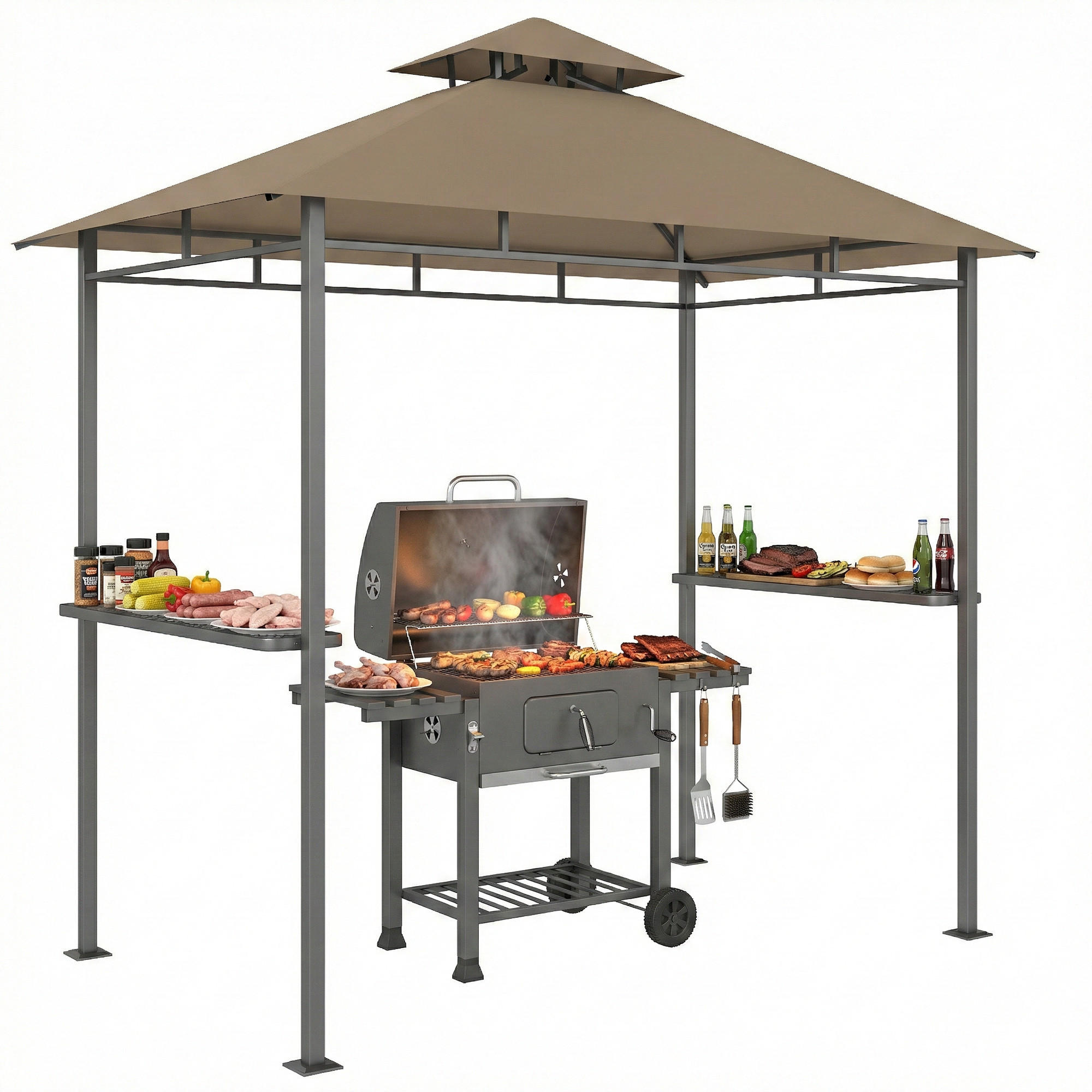 GRILLPAVILLON DE-12741 245/146/255 cm Doppeldach, 2 Seitenregale Braun - Braun, Metall (146/255/245cm) - ComfortXL