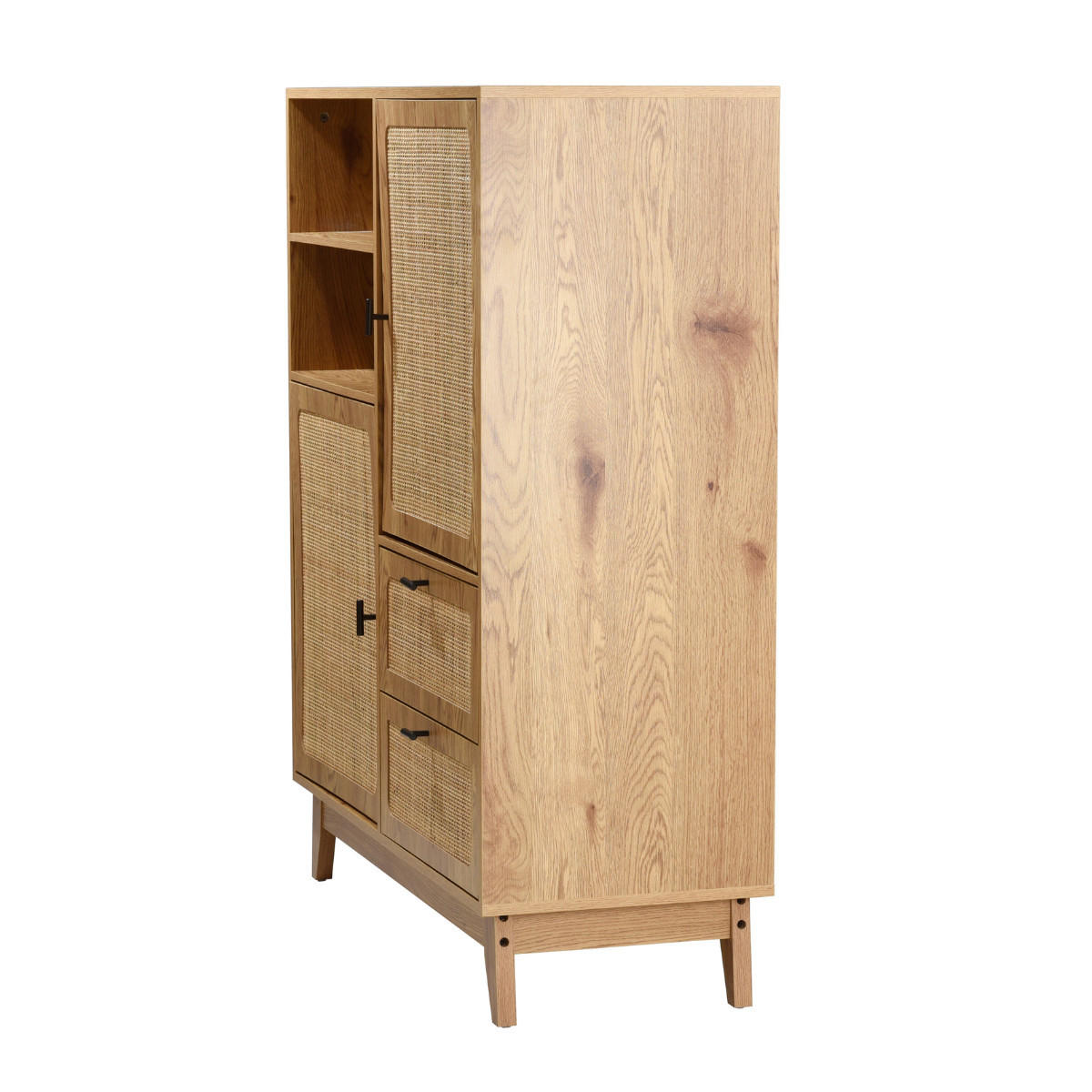 HOHES ANRICHTE 2 Türen 2 Schubladen mit Rattan-Fronten 40/120/100 cm - Eschefarben, Holzwerkstoff (40/120/55cm) - Calicosy