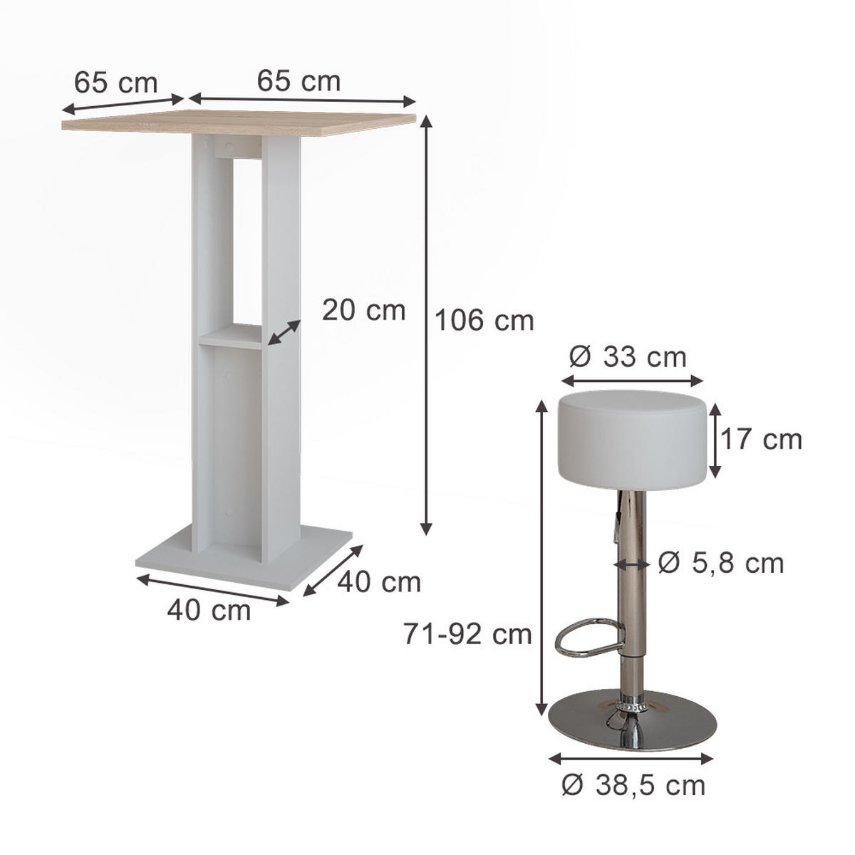 STOJACÍ BAROVÝ STŮL SE ŽIDLEMI Repose Bílá/Sonoma - bílá, kompozitní dřevo (65/65/106cm) - Vicco