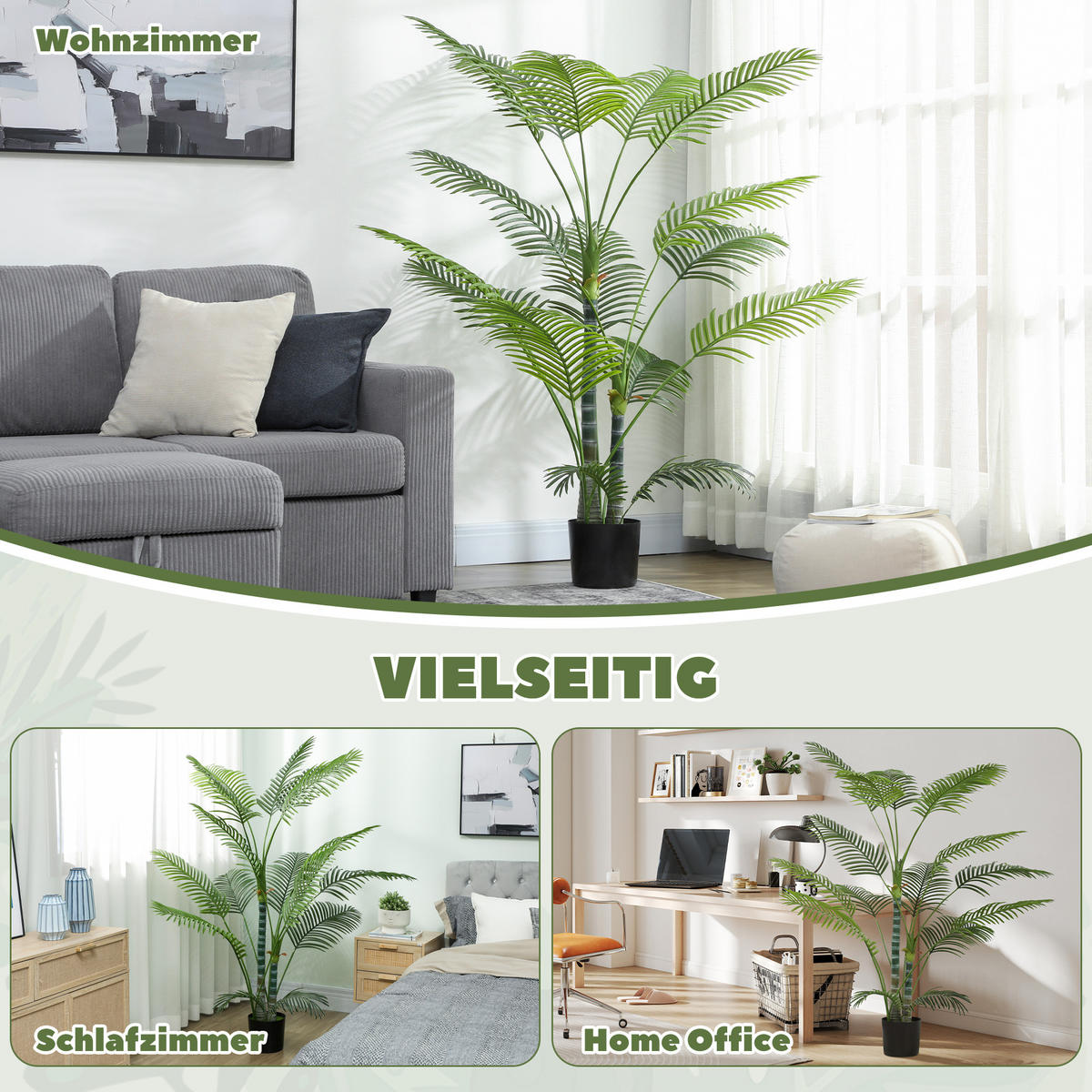 KÜNSTLICHE Palme groß 175 cm Kunstpflanze im Topf mit UV-Schutz für Garten - Schwarz/Grün, Kunststoff (175cm) - HOMCOM